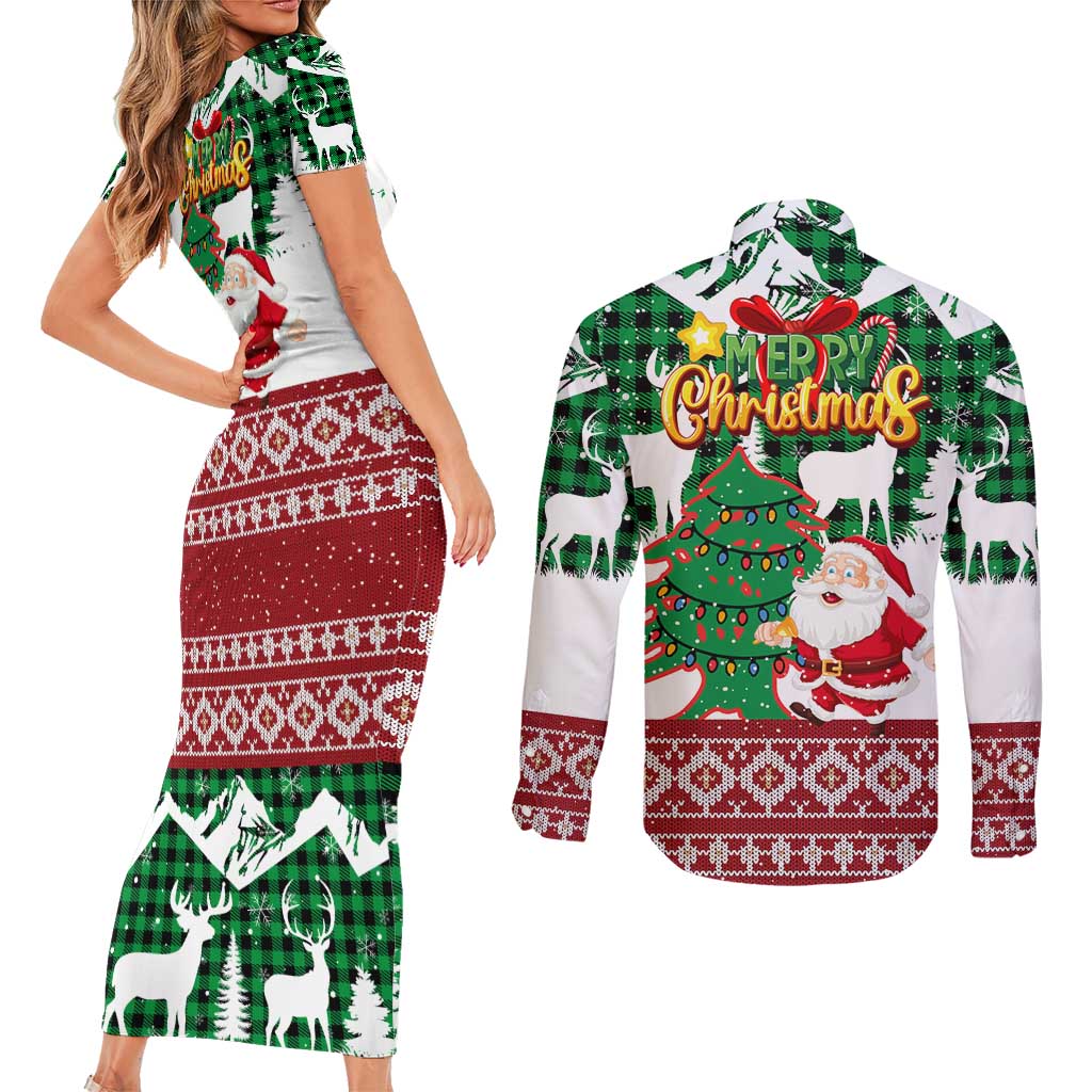 Lebanon Christmas Couples Matching Short Sleeve Bodycon Dress and Long Sleeve Button Shirt with Santa Claus Reindeer Trees and Festive Knit Pattern - Wonder Print Shop