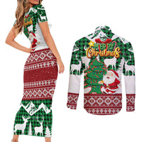 Lebanon Christmas Couples Matching Short Sleeve Bodycon Dress and Long Sleeve Button Shirt with Santa Claus Reindeer Trees and Festive Knit Pattern - Wonder Print Shop