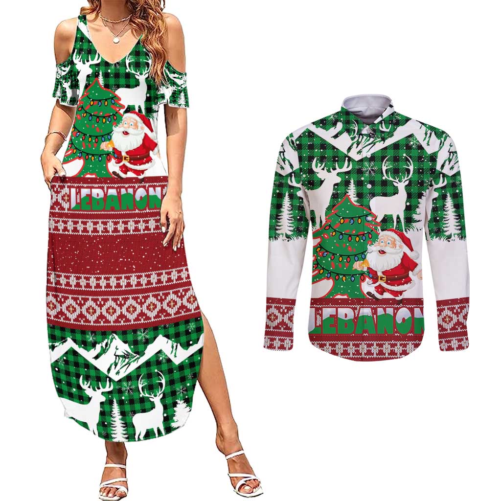 Lebanon Christmas Couples Matching Summer Maxi Dress and Long Sleeve Button Shirt with Santa Claus Reindeer Trees and Festive Knit Pattern - Wonder Print Shop