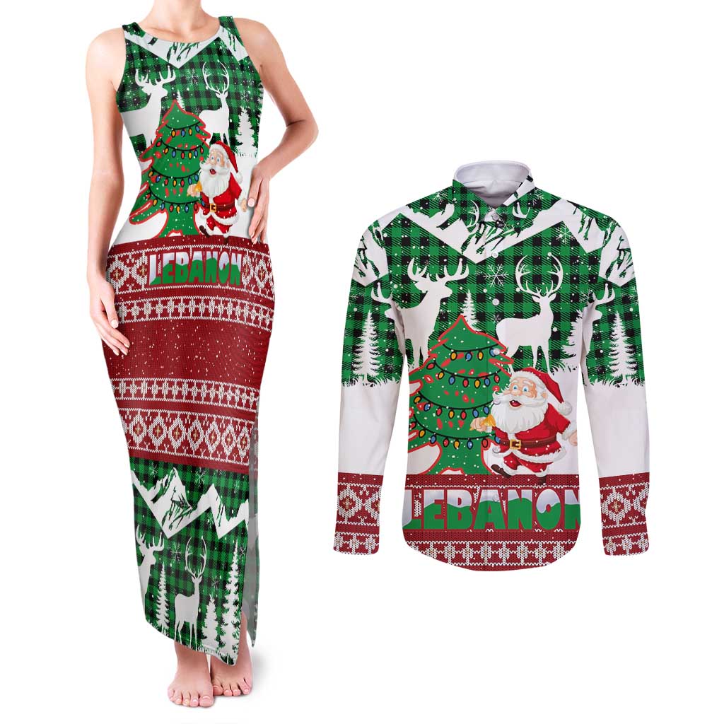 Lebanon Christmas Couples Matching Tank Maxi Dress and Long Sleeve Button Shirt with Santa Claus Reindeer Trees and Festive Knit Pattern - Wonder Print Shop