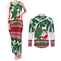 Lebanon Christmas Couples Matching Tank Maxi Dress and Long Sleeve Button Shirt with Santa Claus Reindeer Trees and Festive Knit Pattern - Wonder Print Shop