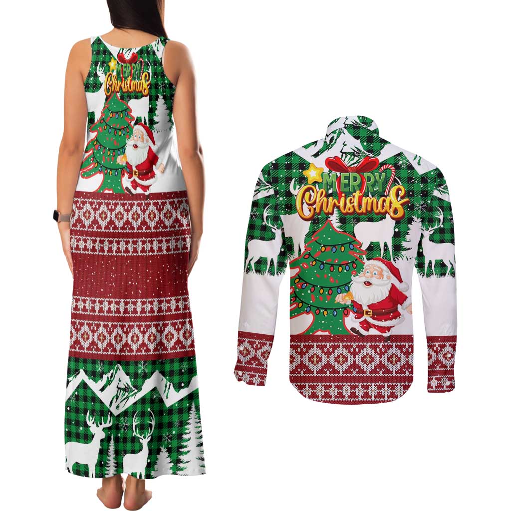 Lebanon Christmas Couples Matching Tank Maxi Dress and Long Sleeve Button Shirt with Santa Claus Reindeer Trees and Festive Knit Pattern - Wonder Print Shop