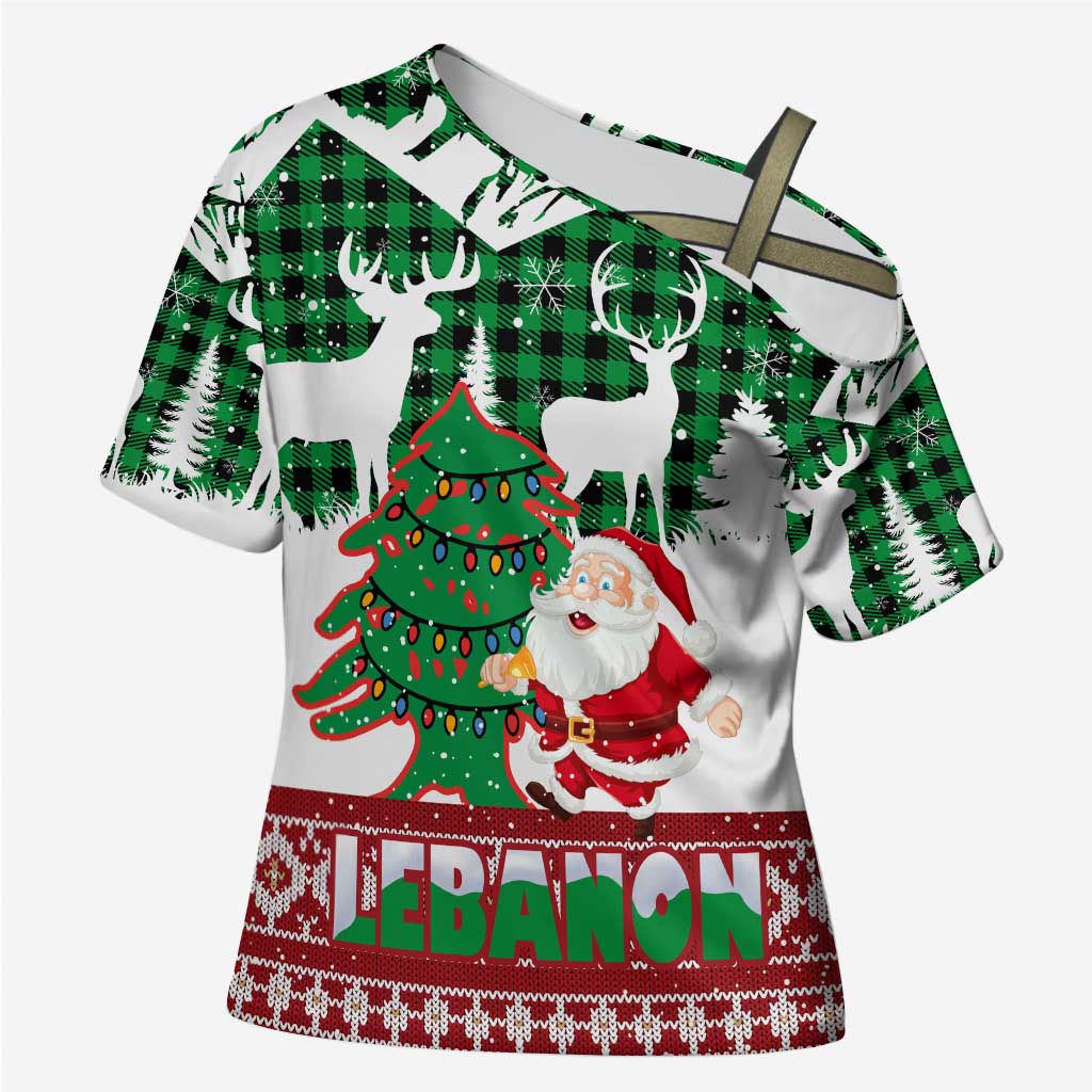 Lebanon Christmas Cross Shoulder Shirt with Santa Claus Reindeer Trees and Festive Knit Pattern - Wonder Print Shop