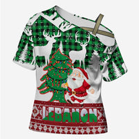 Lebanon Christmas Cross Shoulder Shirt with Santa Claus Reindeer Trees and Festive Knit Pattern - Wonder Print Shop