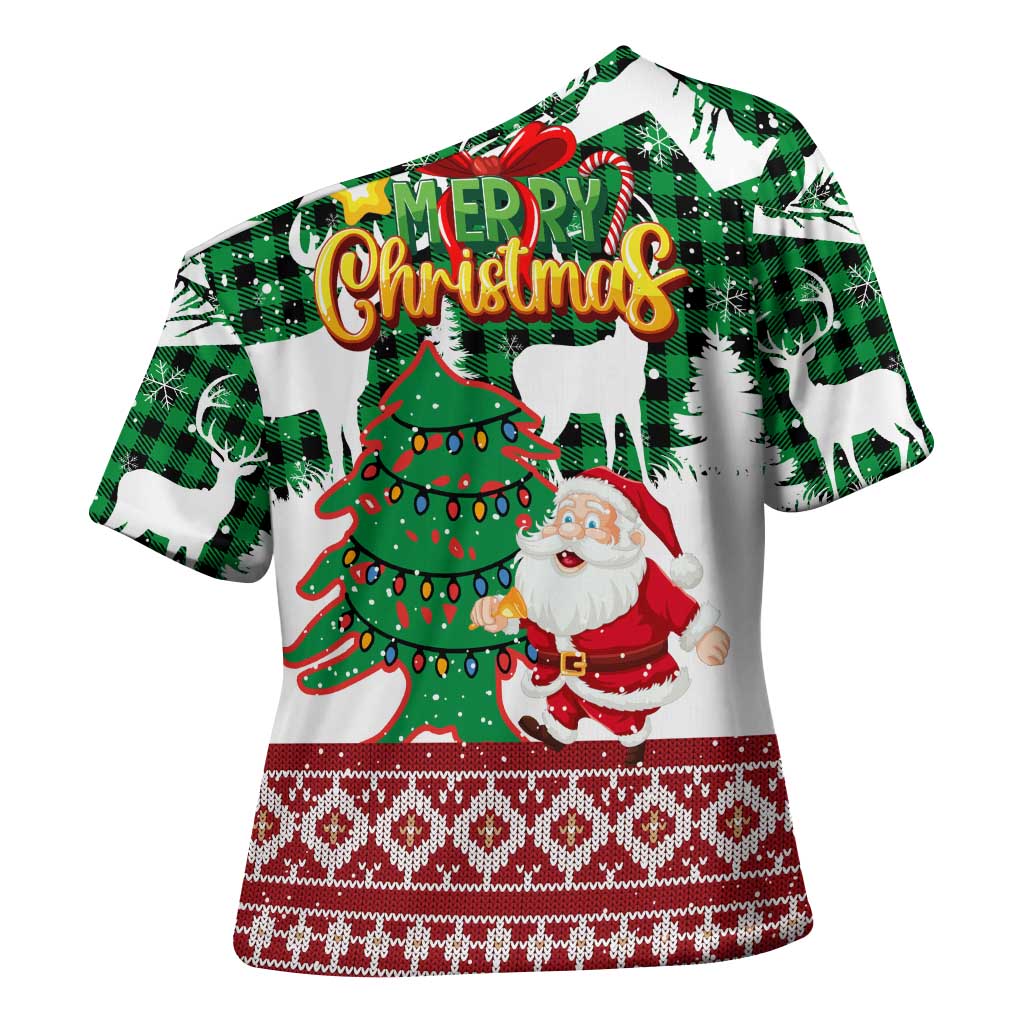 Lebanon Christmas Cross Shoulder Shirt with Santa Claus Reindeer Trees and Festive Knit Pattern - Wonder Print Shop