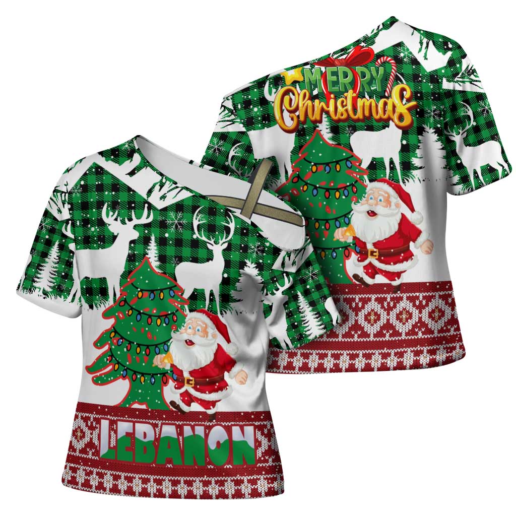 Lebanon Christmas Cross Shoulder Shirt with Santa Claus Reindeer Trees and Festive Knit Pattern - Wonder Print Shop