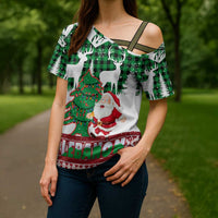 Lebanon Christmas Cross Shoulder Shirt with Santa Claus Reindeer Trees and Festive Knit Pattern - Wonder Print Shop