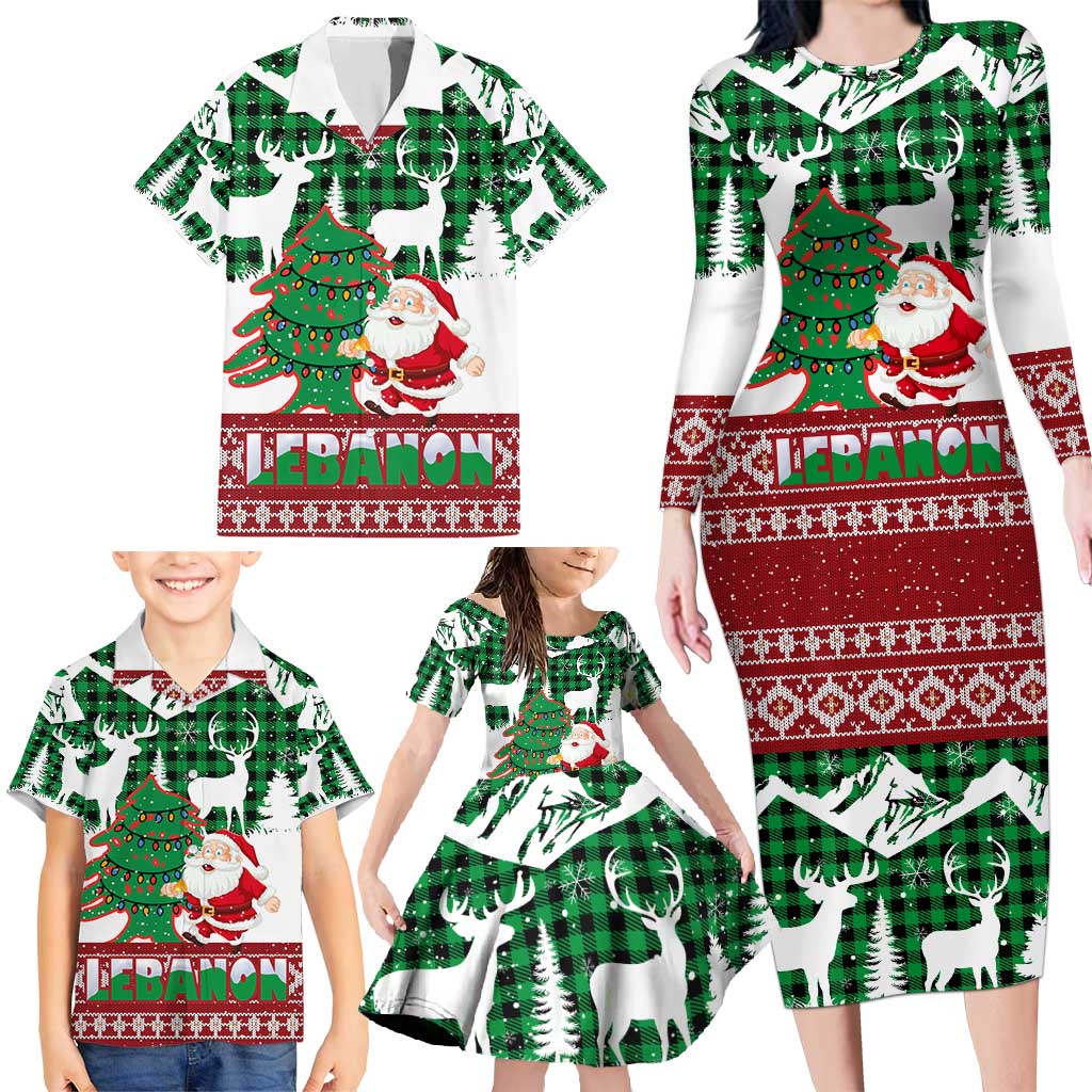 Lebanon Christmas Family Matching Long Sleeve Bodycon Dress and Hawaiian Shirt with Santa Claus Reindeer Trees and Festive Knit Pattern - Wonder Print Shop
