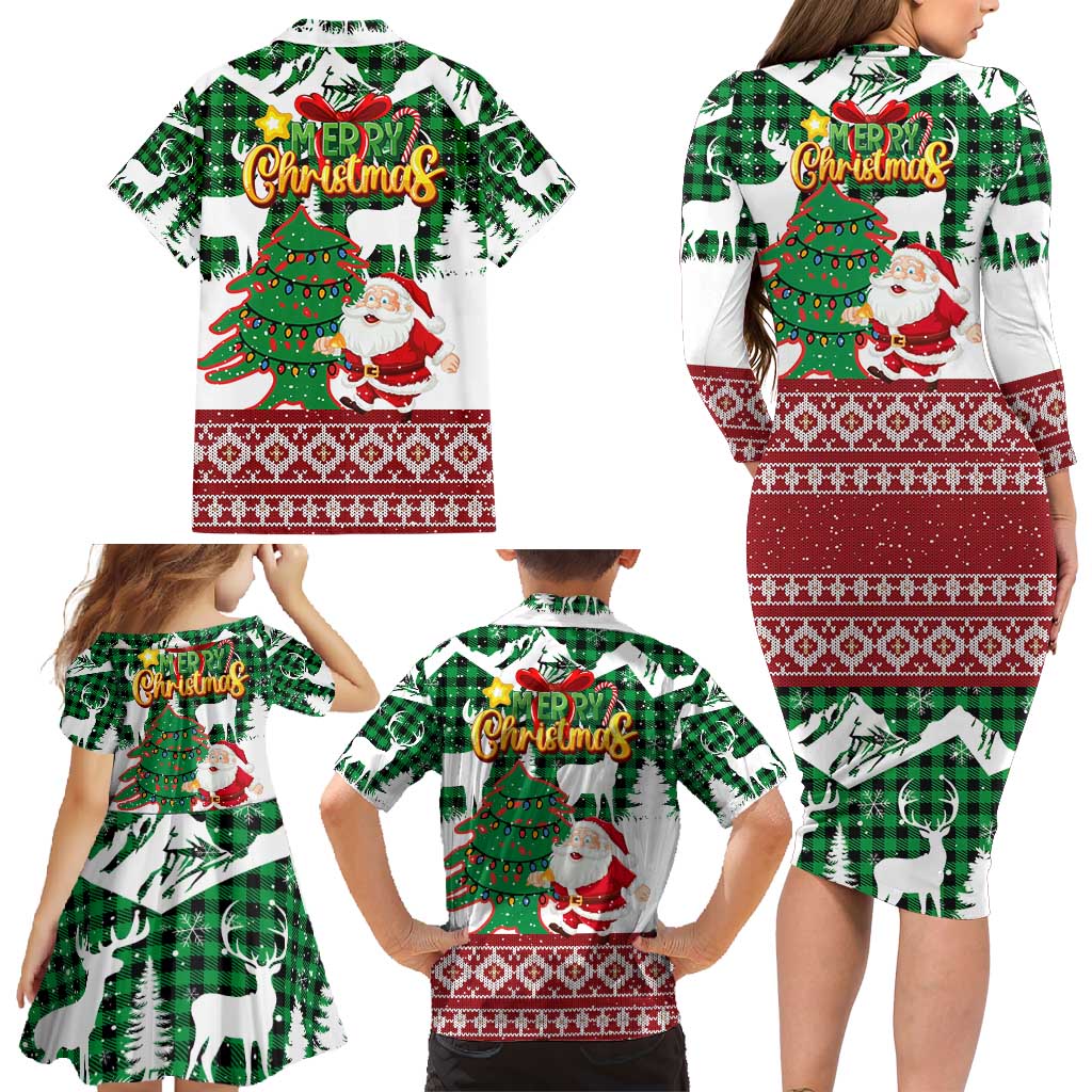 Lebanon Christmas Family Matching Long Sleeve Bodycon Dress and Hawaiian Shirt with Santa Claus Reindeer Trees and Festive Knit Pattern - Wonder Print Shop