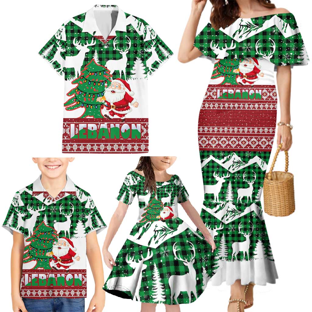 Lebanon Christmas Family Matching Mermaid Dress and Hawaiian Shirt with Santa Claus Reindeer Trees and Festive Knit Pattern - Wonder Print Shop