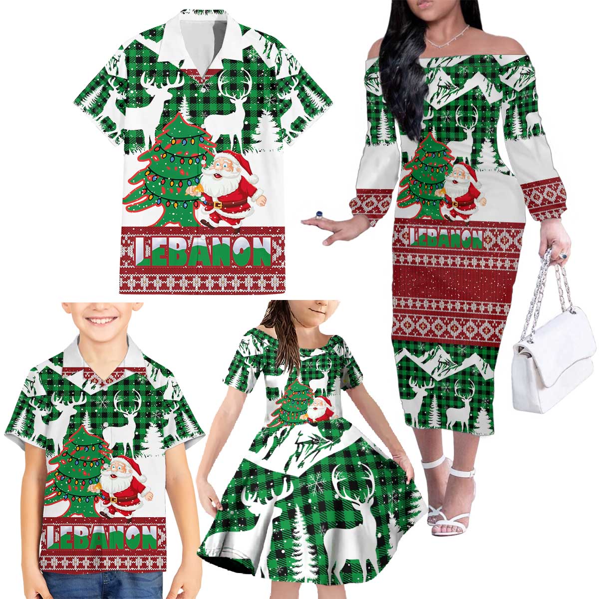 Lebanon Christmas Family Matching Off The Shoulder Long Sleeve Dress and Hawaiian Shirt with Santa Claus Reindeer Trees and Festive Knit Pattern - Wonder Print Shop
