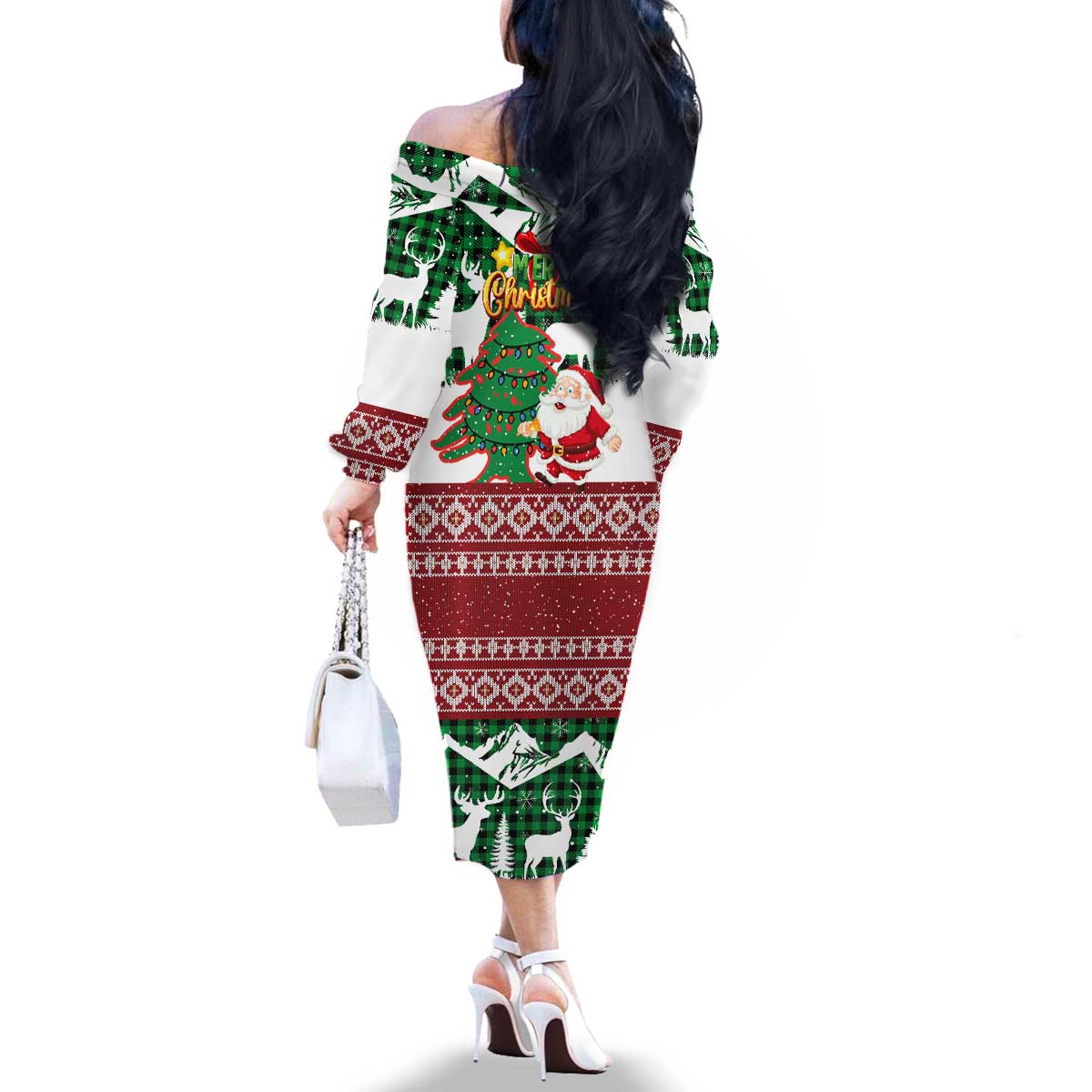 Lebanon Christmas Family Matching Off The Shoulder Long Sleeve Dress and Hawaiian Shirt with Santa Claus Reindeer Trees and Festive Knit Pattern - Wonder Print Shop