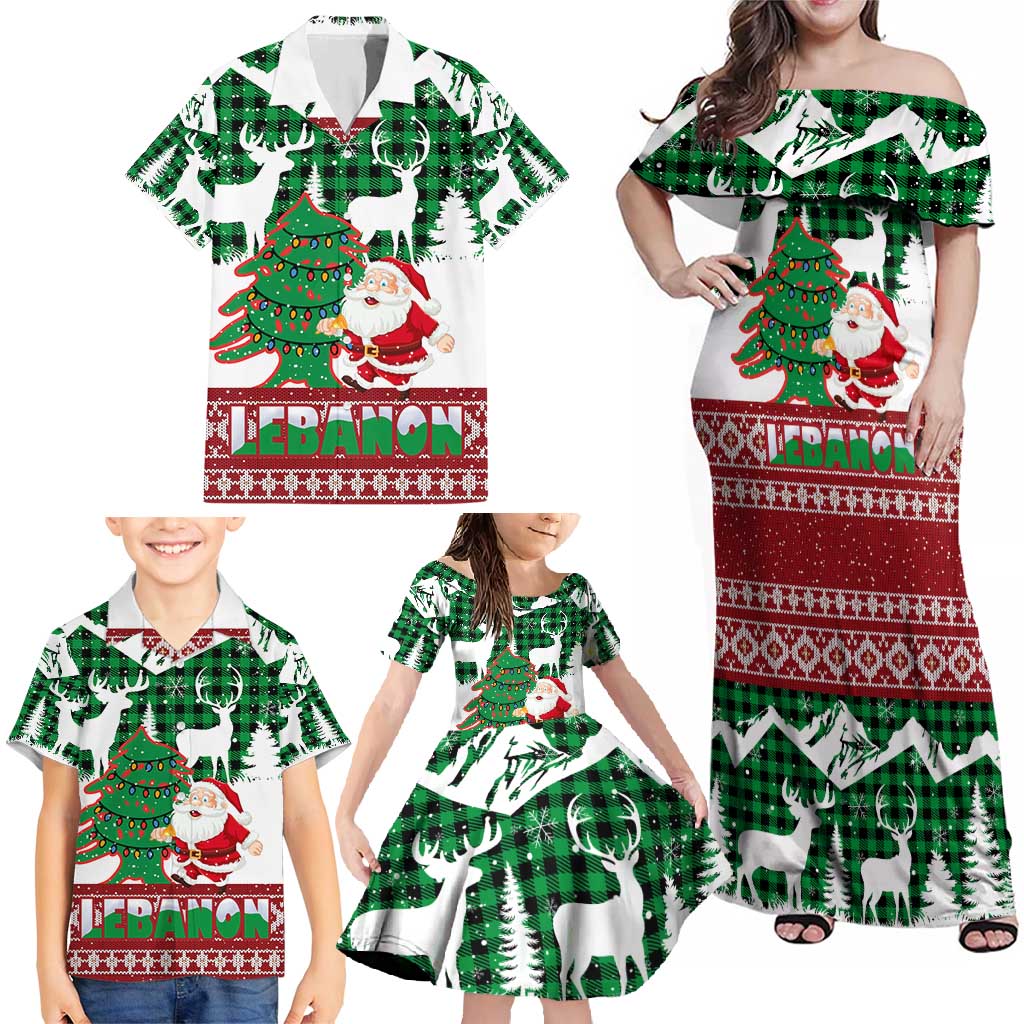 Lebanon Christmas Family Matching Off Shoulder Maxi Dress and Hawaiian Shirt with Santa Claus Reindeer Trees and Festive Knit Pattern - Wonder Print Shop