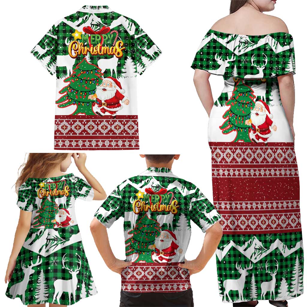 Lebanon Christmas Family Matching Off Shoulder Maxi Dress and Hawaiian Shirt with Santa Claus Reindeer Trees and Festive Knit Pattern - Wonder Print Shop