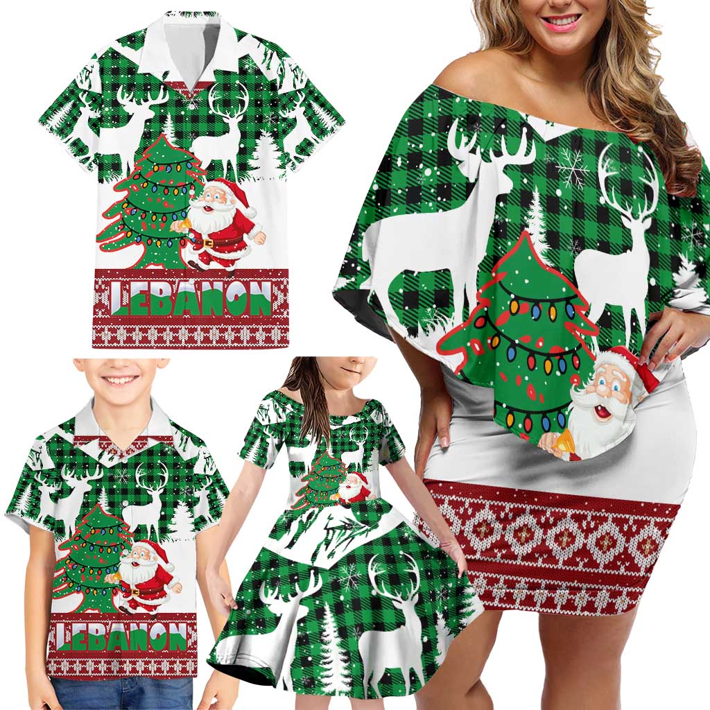 Lebanon Christmas Family Matching Off Shoulder Short Dress and Hawaiian Shirt with Santa Claus Reindeer Trees and Festive Knit Pattern - Wonder Print Shop