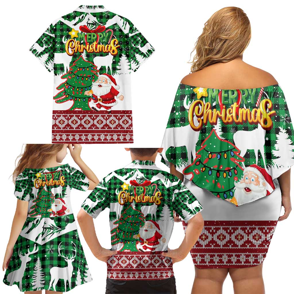 Lebanon Christmas Family Matching Off Shoulder Short Dress and Hawaiian Shirt with Santa Claus Reindeer Trees and Festive Knit Pattern - Wonder Print Shop