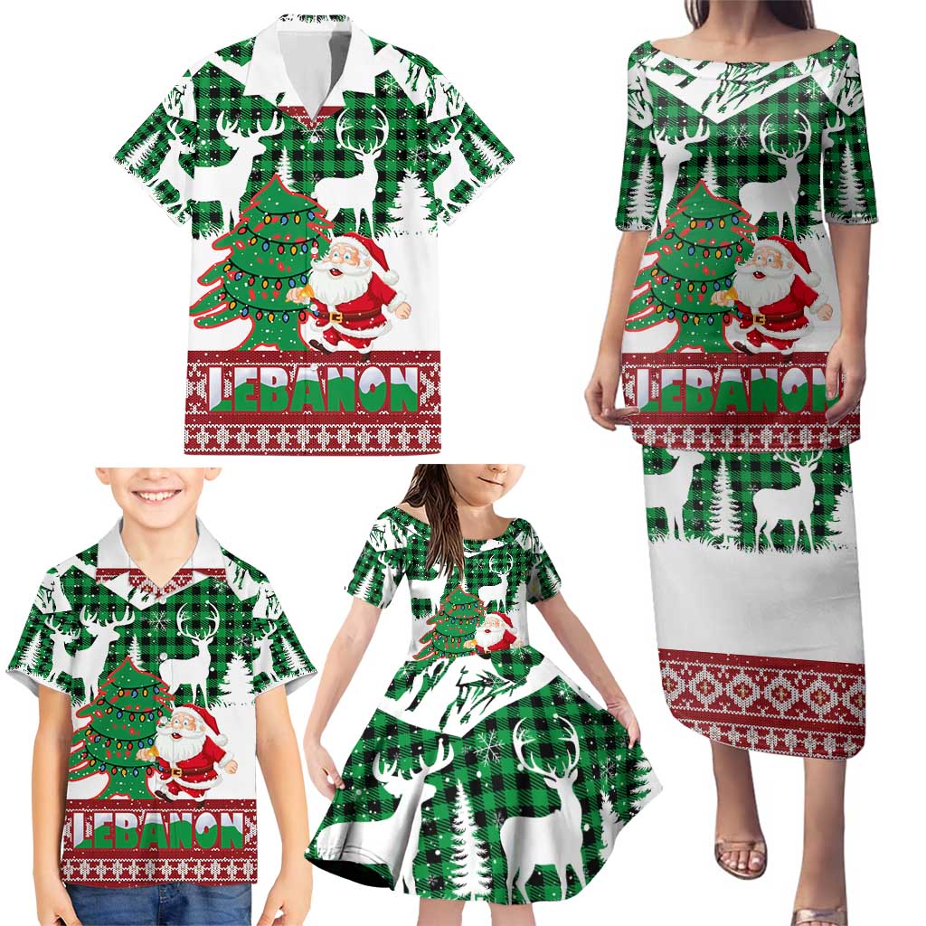 Lebanon Christmas Family Matching Puletasi and Hawaiian Shirt with Santa Claus Reindeer Trees and Festive Knit Pattern - Wonder Print Shop