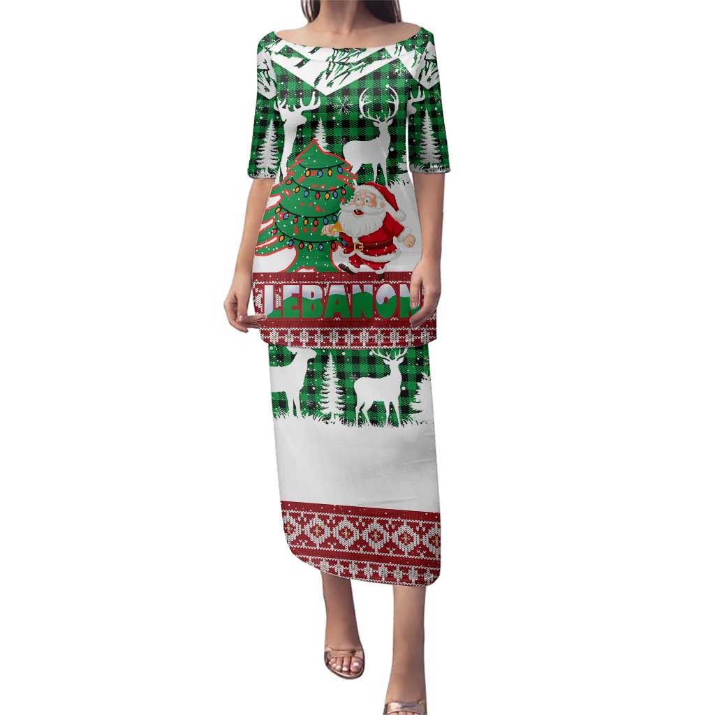 Lebanon Christmas Family Matching Puletasi and Hawaiian Shirt with Santa Claus Reindeer Trees and Festive Knit Pattern - Wonder Print Shop