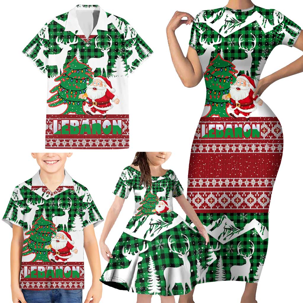 Lebanon Christmas Family Matching Short Sleeve Bodycon Dress and Hawaiian Shirt with Santa Claus Reindeer Trees and Festive Knit Pattern - Wonder Print Shop