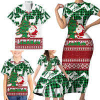 Lebanon Christmas Family Matching Short Sleeve Bodycon Dress and Hawaiian Shirt with Santa Claus Reindeer Trees and Festive Knit Pattern - Wonder Print Shop