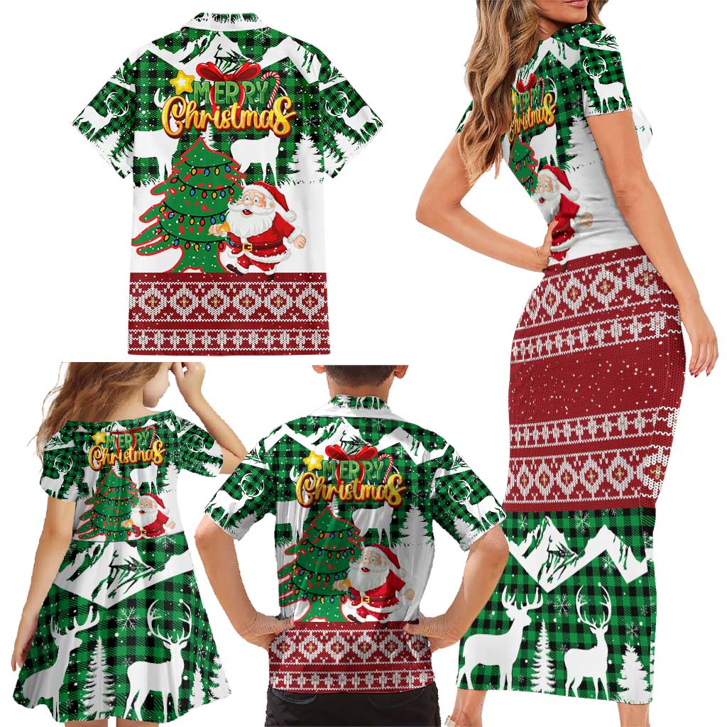 Lebanon Christmas Family Matching Short Sleeve Bodycon Dress and Hawaiian Shirt with Santa Claus Reindeer Trees and Festive Knit Pattern - Wonder Print Shop