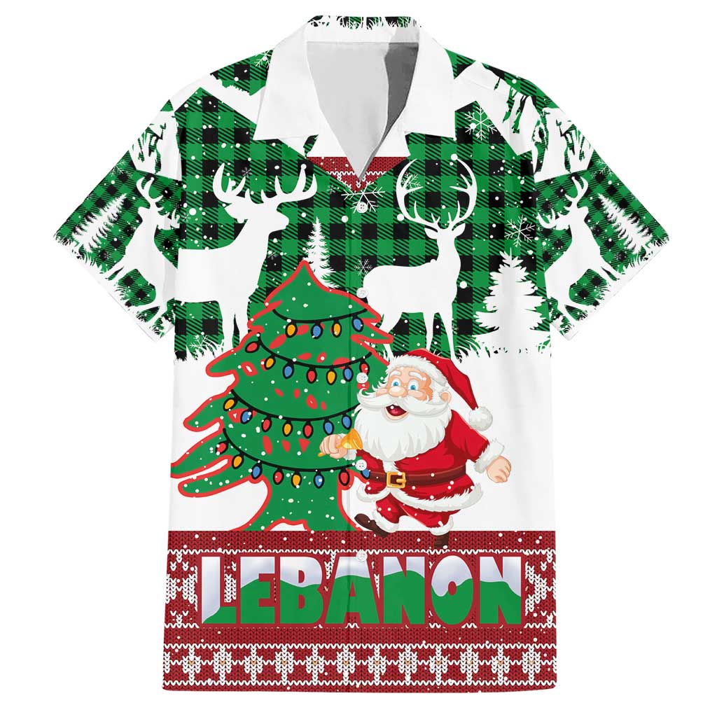 Lebanon Christmas Family Matching Short Sleeve Bodycon Dress and Hawaiian Shirt with Santa Claus Reindeer Trees and Festive Knit Pattern - Wonder Print Shop