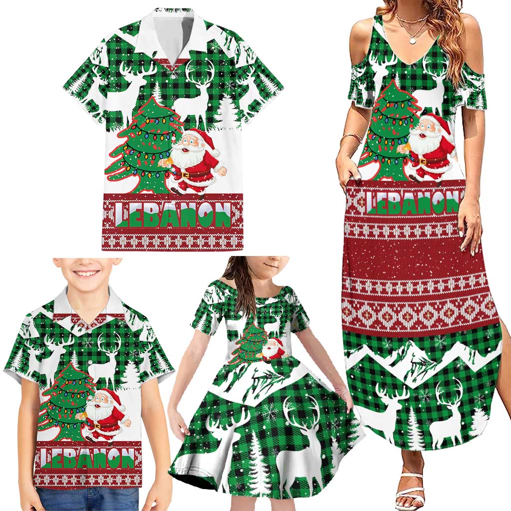 Lebanon Christmas Family Matching Summer Maxi Dress and Hawaiian Shirt with Santa Claus Reindeer Trees and Festive Knit Pattern - Wonder Print Shop