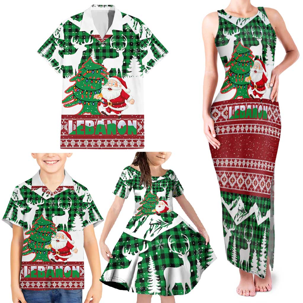 Lebanon Christmas Family Matching Tank Maxi Dress and Hawaiian Shirt with Santa Claus Reindeer Trees and Festive Knit Pattern - Wonder Print Shop