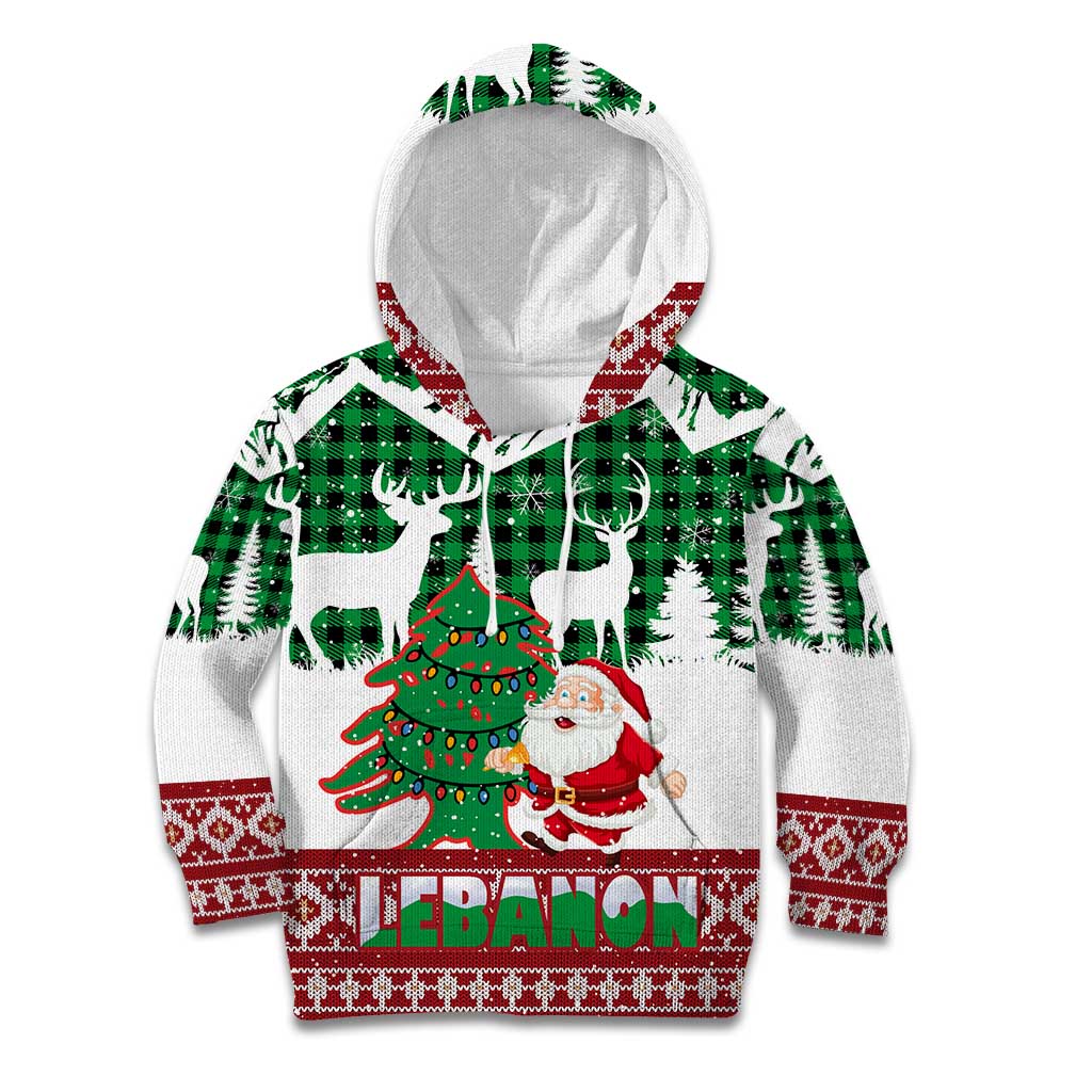 Lebanon Christmas Kid Hoodie with Santa Claus Reindeer Trees and Festive Knit Pattern - Wonder Print Shop