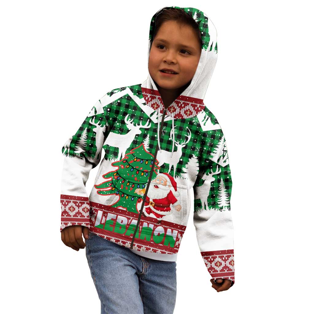 Lebanon Christmas Kid Hoodie with Santa Claus Reindeer Trees and Festive Knit Pattern - Wonder Print Shop