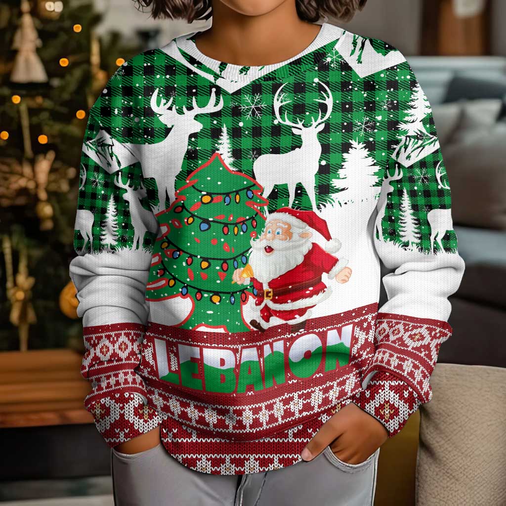 Lebanon Christmas Kid Ugly Christmas Sweater with Santa Claus Reindeer Trees and Festive Knit Pattern - Wonder Print Shop
