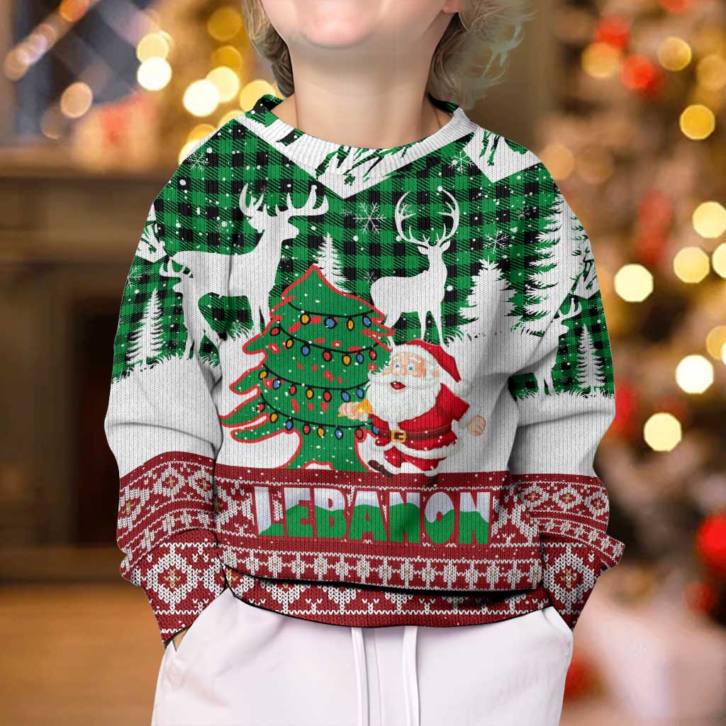 Lebanon Christmas Kid Ugly Christmas Sweater with Santa Claus Reindeer Trees and Festive Knit Pattern - Wonder Print Shop