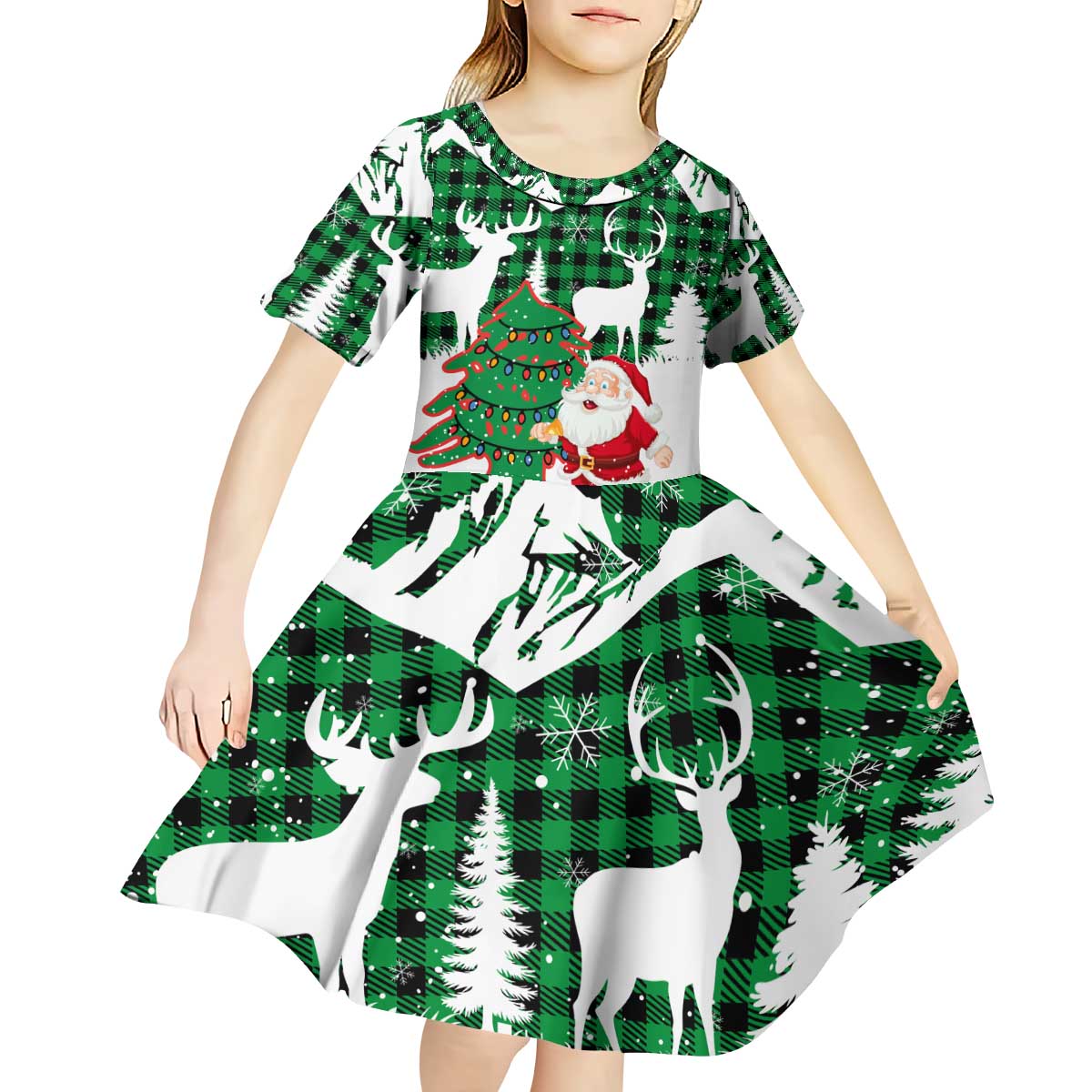 Lebanon Christmas Kid Short Sleeve Dress with Santa Claus Reindeer Trees and Festive Knit Pattern - Wonder Print Shop
