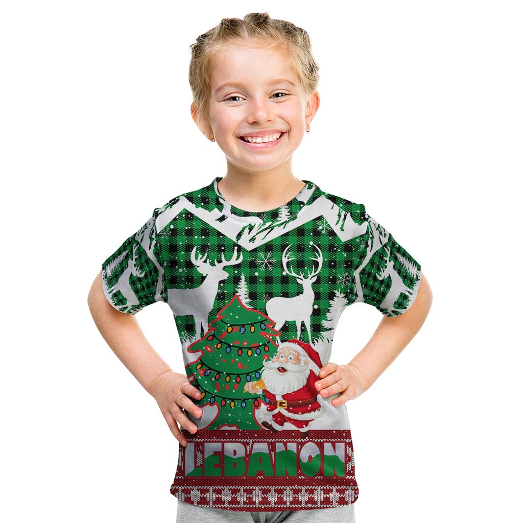 Lebanon Christmas Kid T Shirt with Santa Claus Reindeer Trees and Festive Knit Pattern - Wonder Print Shop
