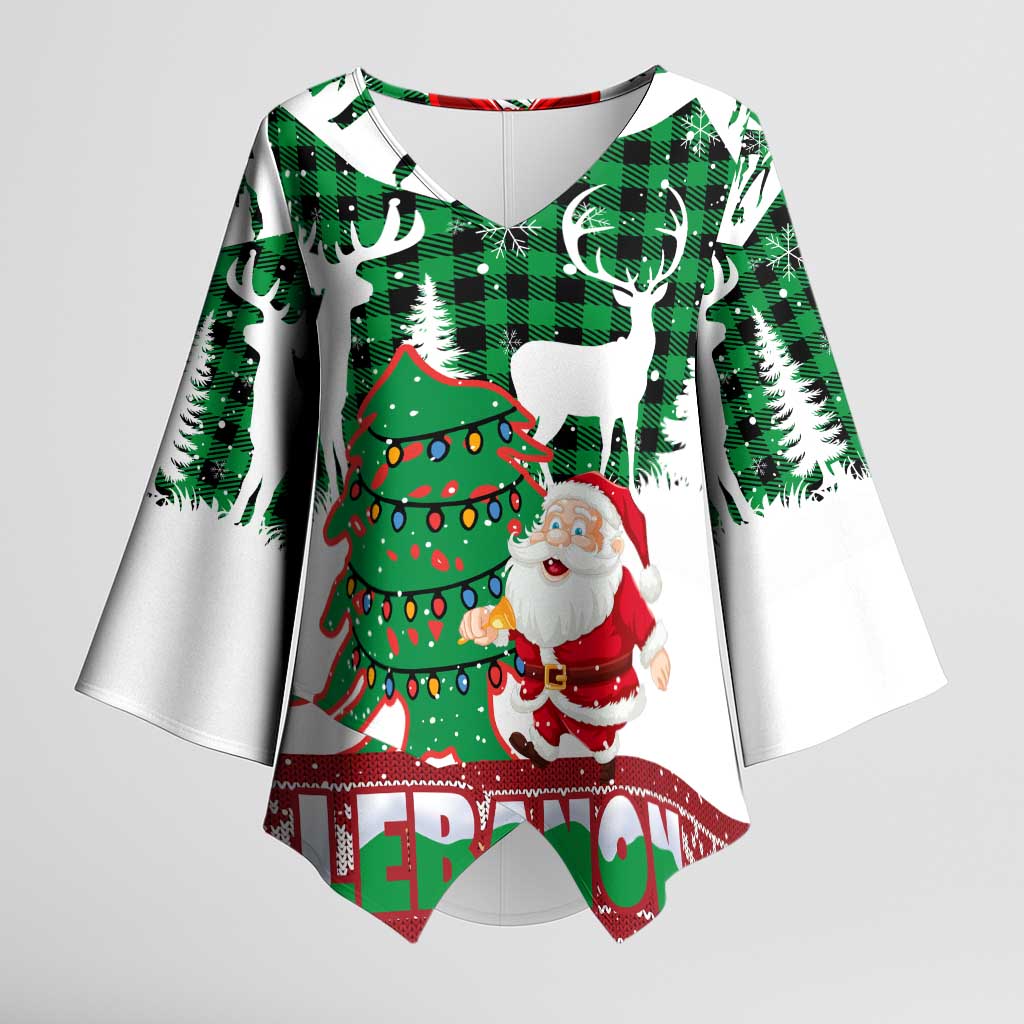 Lebanon Christmas Kimono Sleeve Blouse with Santa Claus Reindeer Trees and Festive Knit Pattern - Wonder Print Shop