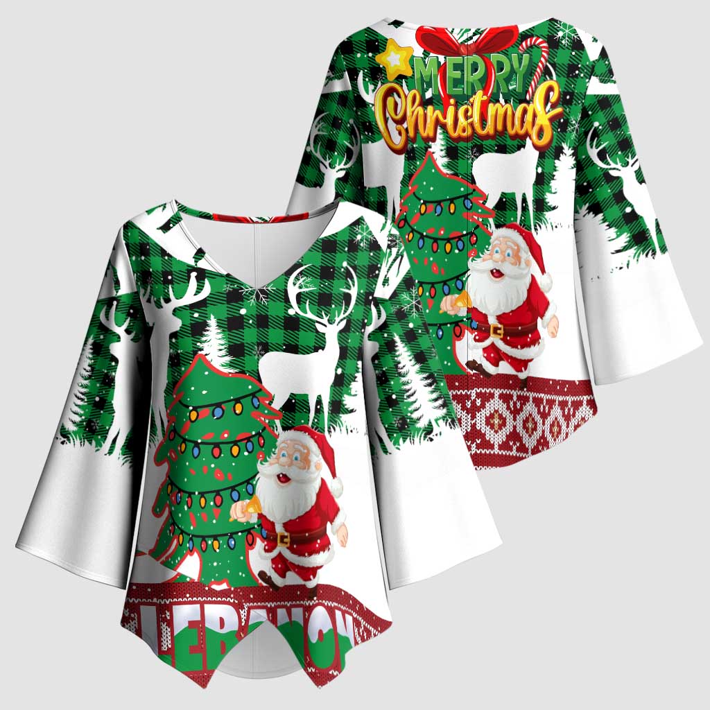 Lebanon Christmas Kimono Sleeve Blouse with Santa Claus Reindeer Trees and Festive Knit Pattern - Wonder Print Shop
