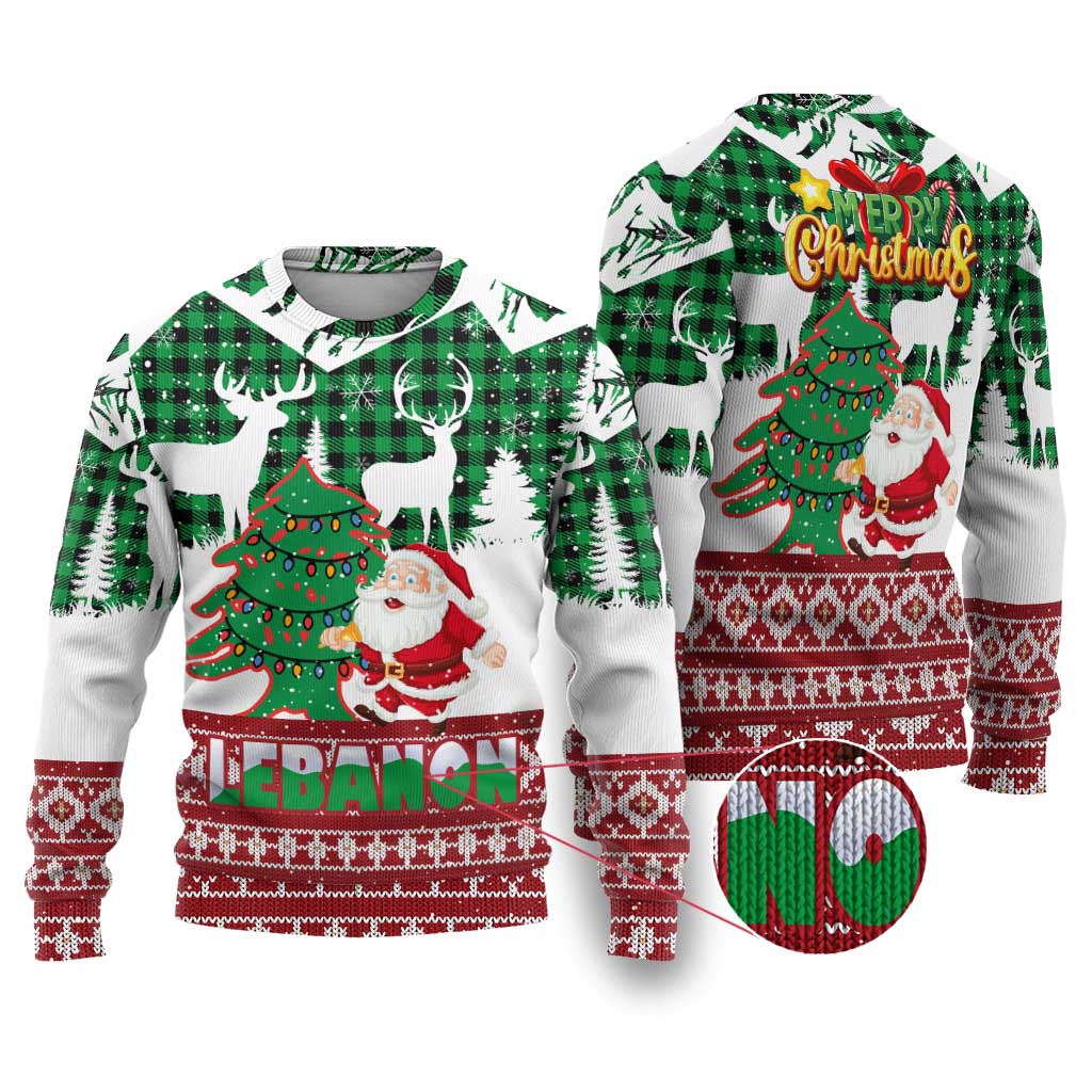 Lebanon Christmas Ugly Christmas Sweater with Santa Claus Reindeer Trees and Festive Knit Pattern - Wonder Print Shop