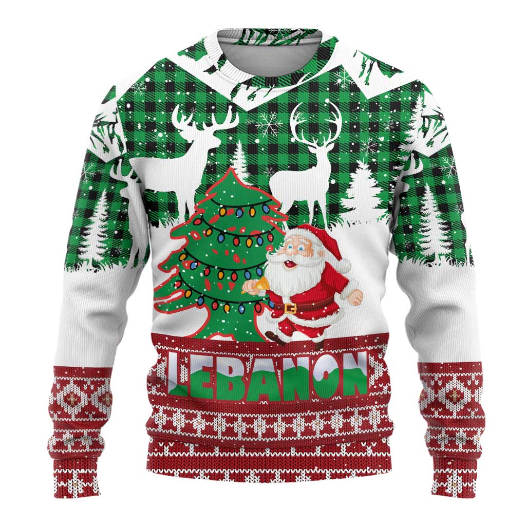 Lebanon Christmas Ugly Christmas Sweater with Santa Claus Reindeer Trees and Festive Knit Pattern - Wonder Print Shop