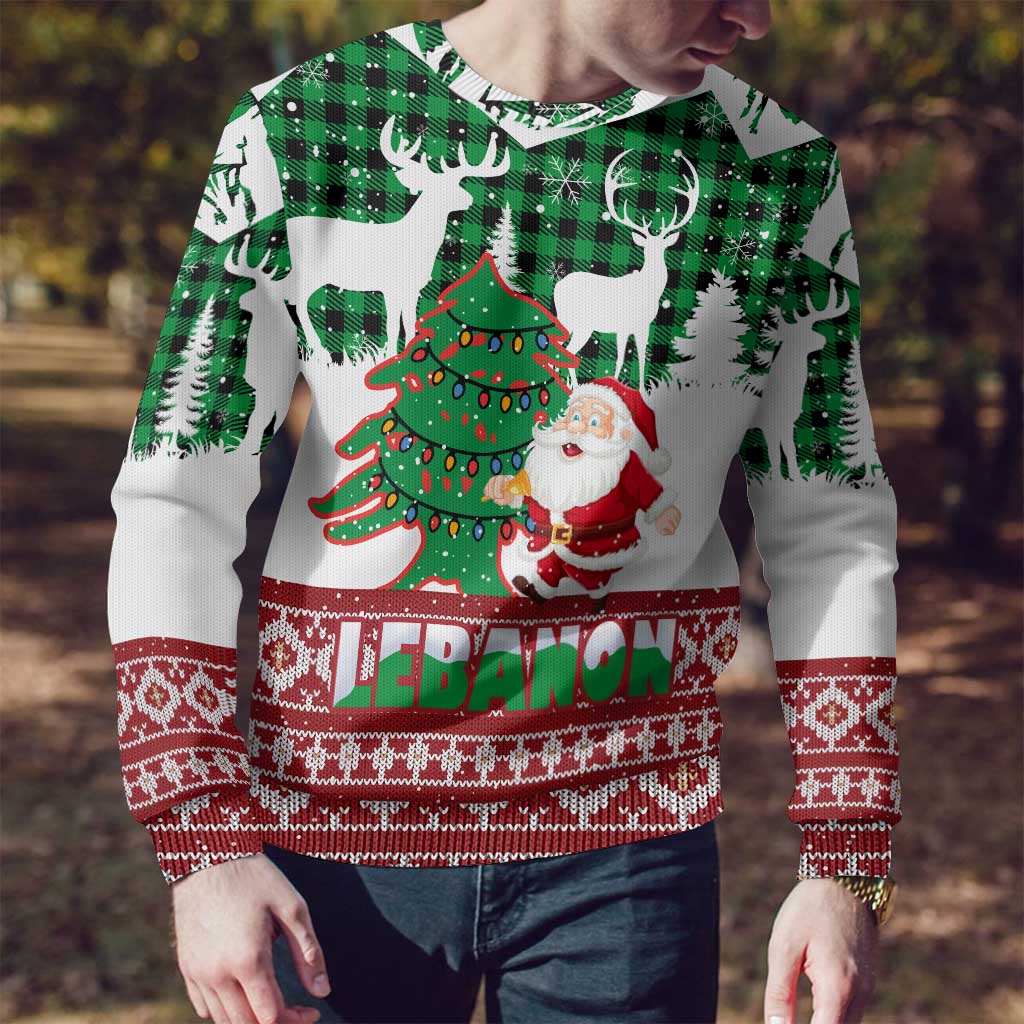 Lebanon Christmas Ugly Christmas Sweater with Santa Claus Reindeer Trees and Festive Knit Pattern - Wonder Print Shop