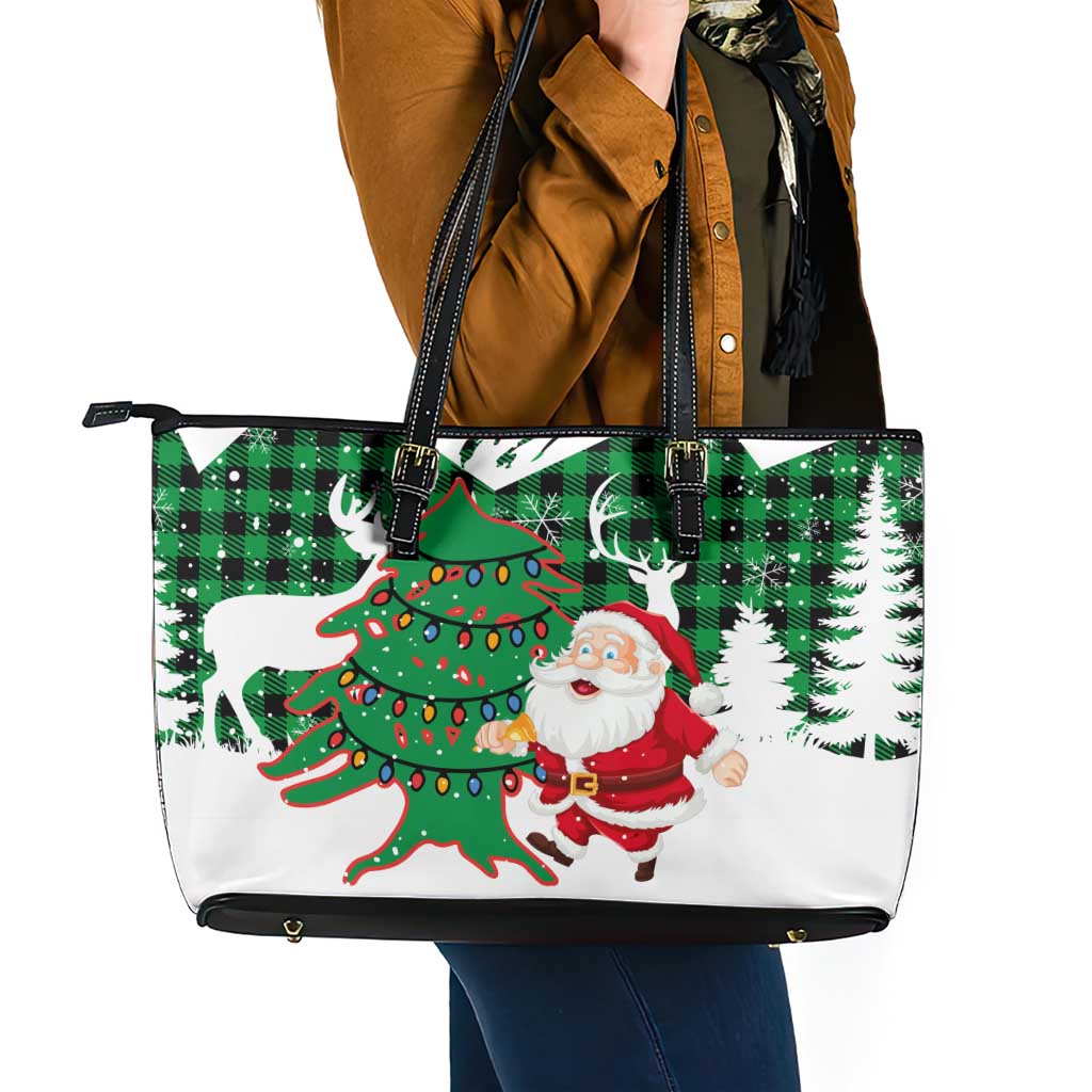 Lebanon Christmas Leather Tote Bag with Santa Claus Reindeer Trees and Festive Knit Pattern - Wonder Print Shop