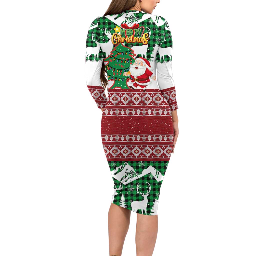 Lebanon Christmas Long Sleeve Bodycon Dress with Santa Claus Reindeer Trees and Festive Knit Pattern - Wonder Print Shop