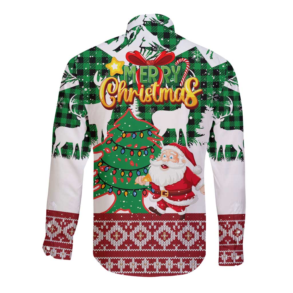 Lebanon Christmas Long Sleeve Button Shirt with Santa Claus Reindeer Trees and Festive Knit Pattern - Wonder Print Shop