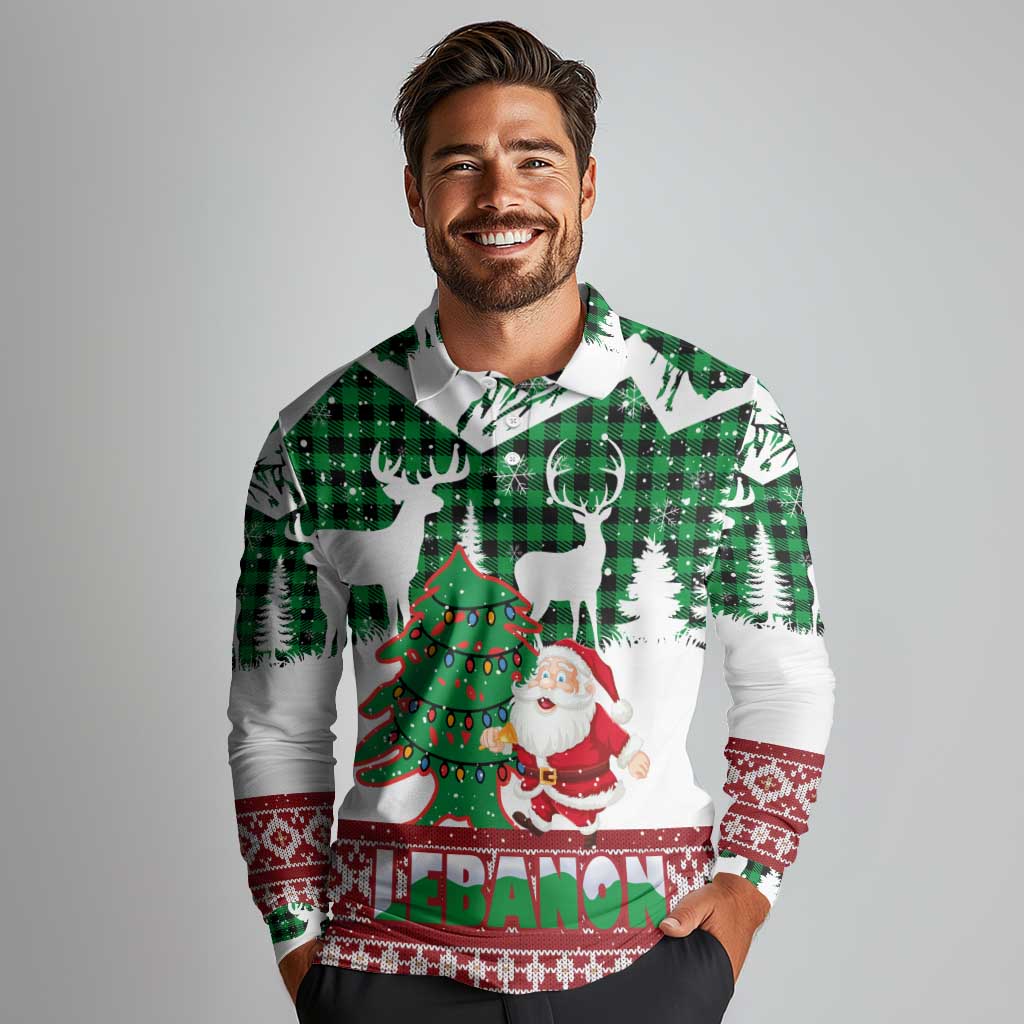 Lebanon Christmas Long Sleeve Polo Shirt with Santa Claus Reindeer Trees and Festive Knit Pattern - Wonder Print Shop