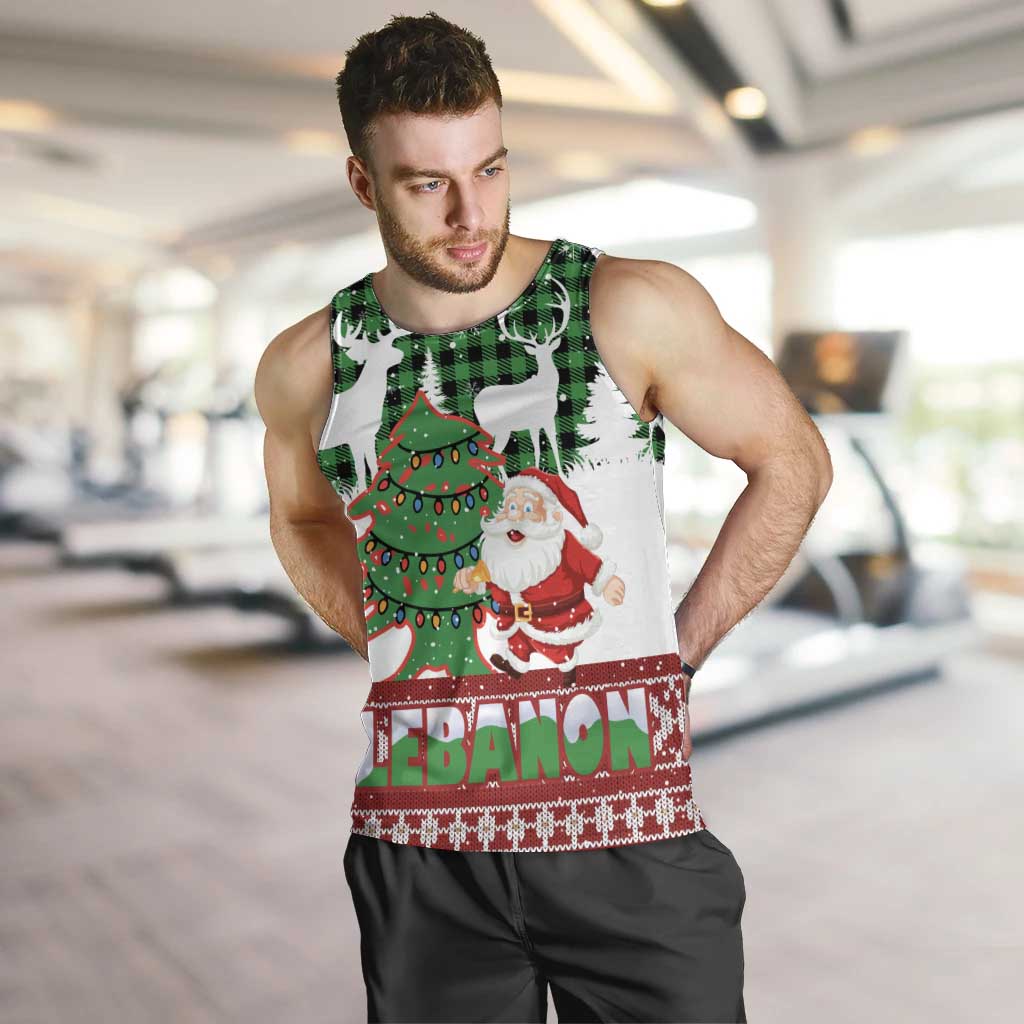Lebanon Christmas Men Tank Top with Santa Claus Reindeer Trees and Festive Knit Pattern - Wonder Print Shop