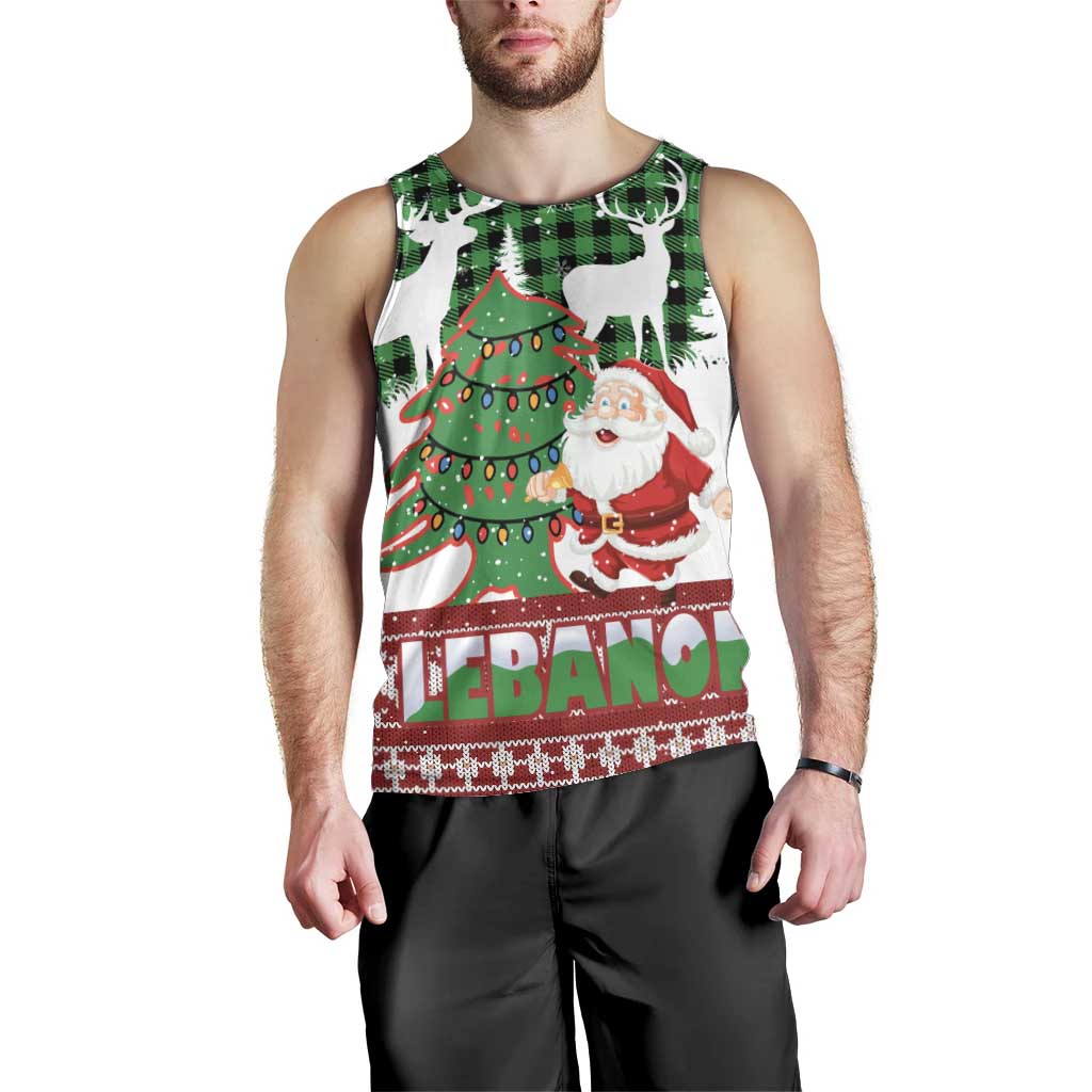 Lebanon Christmas Men Tank Top with Santa Claus Reindeer Trees and Festive Knit Pattern - Wonder Print Shop
