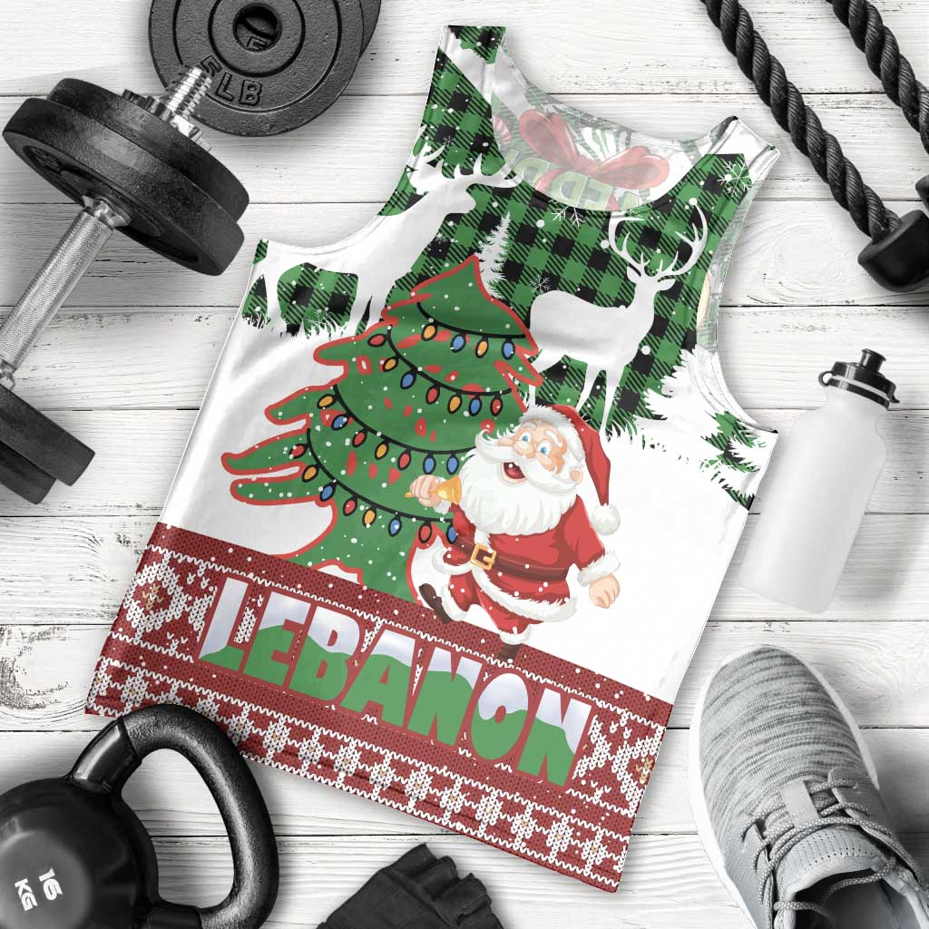 Lebanon Christmas Men Tank Top with Santa Claus Reindeer Trees and Festive Knit Pattern - Wonder Print Shop