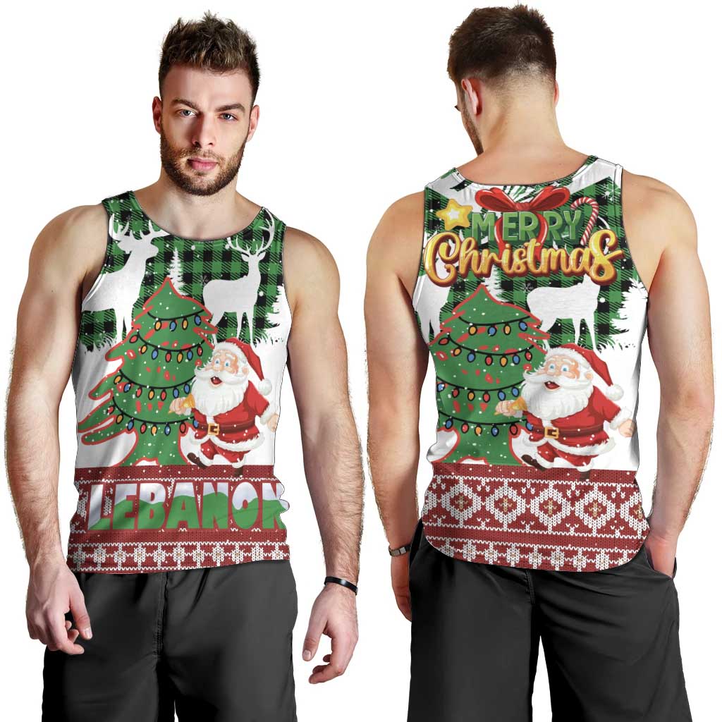 Lebanon Christmas Men Tank Top with Santa Claus Reindeer Trees and Festive Knit Pattern - Wonder Print Shop