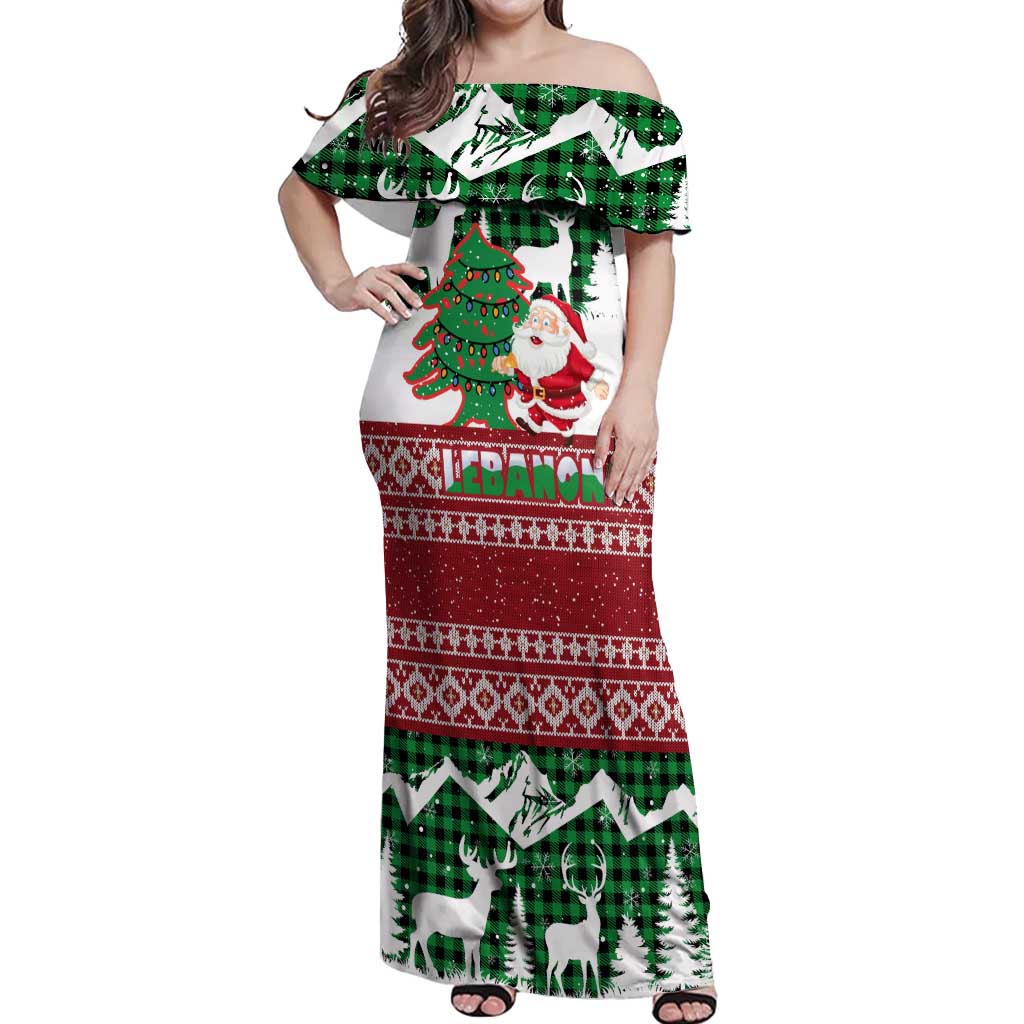 Lebanon Christmas Off Shoulder Maxi Dress with Santa Claus Reindeer Trees and Festive Knit Pattern - Wonder Print Shop