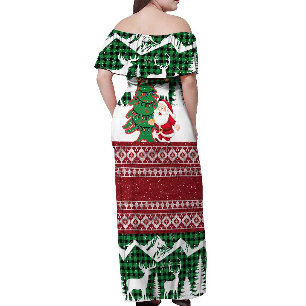Lebanon Christmas Off Shoulder Maxi Dress with Santa Claus Reindeer Trees and Festive Knit Pattern - Wonder Print Shop