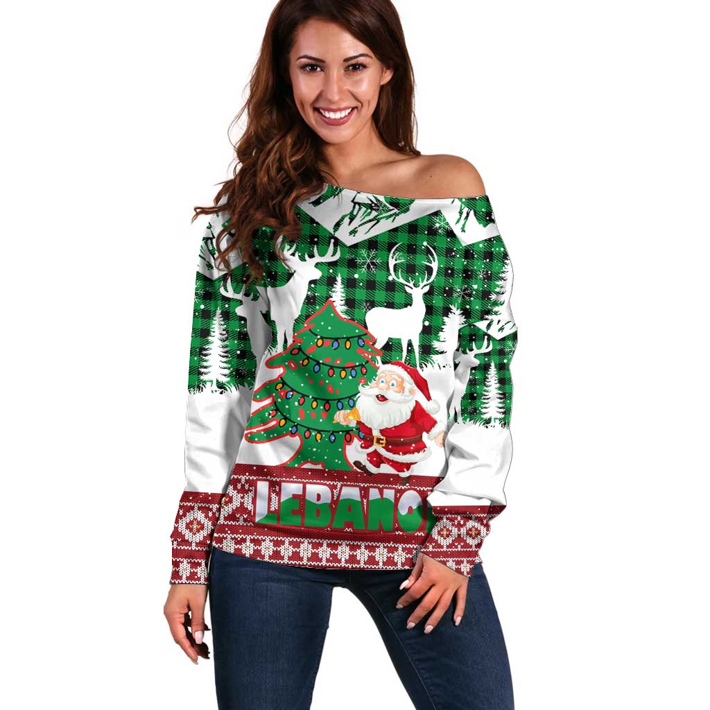 Lebanon Christmas Off Shoulder Sweater with Santa Claus Reindeer Trees and Festive Knit Pattern - Wonder Print Shop